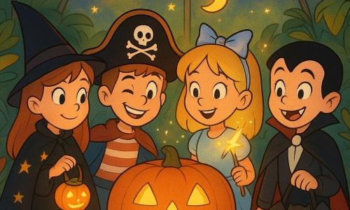 Quatre enfants se trouvent dans une serre enchantée. Zoé, en cape de sorcière noire avec des étoiles dorées, tient une lanterne citrouille. Léo, avec un grand chapeau de pirate, sourit espièglement à côté d'elle. Mina, déguisée en fée, lève une baguette magique scintillante. Pablo, en vampire, tient un sac à bonbons chauve-souris. La serre est baignée de lumière dorée, avec des plantes chatoyantes et des lampions en forme de lunes. Au centre, une grande citrouille sculptée illumine la scène. Les enfants, autour de la citrouille, sont éclairés par la lanterne, créant une atmosphère magique et festive.