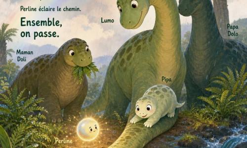 Lumo, jeune diplodocus vert à taches olive, tend sa longue queue solide sur le sol boueux comme pont pendant que sa petite sœur ronde Pipa, blanche-vert pâle, pose ses pattes dessus en glissant légèrement ; Maman Doli, plus volumineuse aux teintes brun-vert, mâchouille des feuilles en regardant tendrement, Papa Dolo, plus large et protecteur, veille derrière, tandis que Perline, sphère nacrée aux reflets dorés, éclaire pierre par pierre la traversée sur une berge herbeuse au bord d’une rivière chantante, entre fougères mouillées, pierres glissantes, cycas, sous une pluie chaude et un arc-en-ciel pâle.