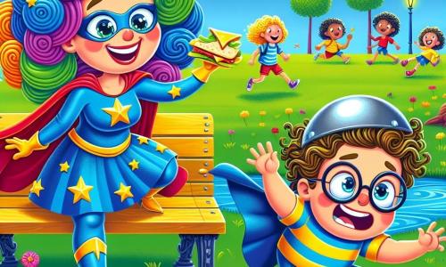 Super-Madame, une femme aux cheveux bouclés et colorés, porte un costume de super-héroïne bleu vif avec des étoiles dorées. Elle sourit malicieusement et se tient sur un banc du parc, prête à bondir, un sandwich au fromage à la main, sa cape flottant derrière elle. À côté, Trébuchon, un garçon d'environ 10 ans avec des lunettes rondes et un t-shirt rayé, trébuche sur ses pieds en essayant de s’échapper avec une énorme cloche en métal sur le dos, semblant confus et effrayé. Le parc est rempli de fleurs colorées et d'arbres majestueux sous un ciel bleu clair, avec des enfants jouant au loin et un petit chien curieux. Super-Madame rit de la maladresse de Trébuchon, qui peine à s'enfuir en se prenant les pieds dans le gazon.