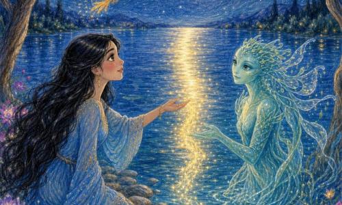 Une jeune femme d’environ vingt ans, aux longs cheveux noirs brillants et aux yeux en amande noisette, porte une robe légère bleue à broderies dorées ; au bord d’un lac nocturne aux eaux cristallines reflétant la pleine lune argentée, elle affiche une expression émerveillée et tend la main vers un sentier étroit de lumière dorée qui jaillit de l’eau et forme un pont vers l’horizon. La Gardienne du Lac, créature aquatique lumineuse non humaine au corps translucide bleu‑vert et aux voiles flottants comme des algues, émerge à mi‑hauteur près de la rive et envoie la lumière vers la femme, tandis qu’un petit oiseau doré aux ailes scintillantes vole au‑dessus comme pour guider le chemin ; les rives de pierres lisses, des fleurs roses et violettes luminescentes et des arbres aux branches courbées encadrent la scène.