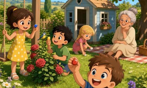 Cinq personnages dans un jardin de maison de campagne ensoleillé : quatre enfants font une chasse au trésor en montrant chacun fièrement un petit caillou coloré — Lila, 6 ans, cheveux bruns en couette, robe jaune à pois, tient un caillou bleu près de la balançoire à gauche ; Noa, 5 ans, cheveux courts noirs, t‑shirt vert, regarde un oiseau et tient un caillou jaune près du rosier centre‑gauche ; Jade, 6 ans, cheveux blonds en natte, robe rose, ramasse un caillou blanc derrière une petite cabane bleue pâle centre‑droit ; Sami, 5 ans, peau claire, t‑shirt rayé bleu, rit en montrant un caillou rouge à l’avant‑plan — et Mamie, ~65 ans, cheveux gris en chignon, vêtue de crème, sourit assise sur une couverture à carreaux à l’ombre d’un pommier; ambiance chaleureuse et ludique avec fleurs colorées et taches de lumière.