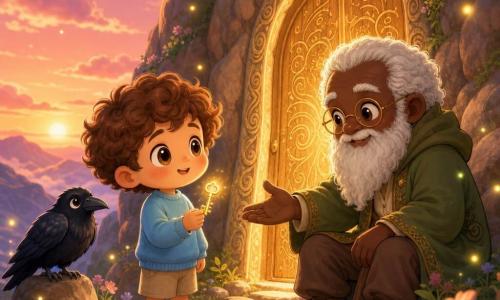 Un garçon de 6 ans, joyeux et émerveillé, tient une petite clé dorée brillante ; cheveux châtains bouclés, grands yeux noisette, joues rosées, pull bleu ciel et pantalon beige court, il sourit timidement en regardant une porte lumineuse sculptée dans la roche sur un chemin de pierres ; un vieil homme sage d'environ 70 ans, calme et bienveillant, à longue barbe blanche, lunettes rondes et manteau vert olive, est assis près de la porte en tendant la main ; un corbeau noir au plumage brillant est perché sur une pierre à proximité ; le sommet montagneux aux pierres arrondies accueille une grande porte en bois incrustée de symboles dorés, sous un ciel rose-orangé de coucher de soleil ; atmosphère féerique aux couleurs pastel, éclairage doux, petites fleurs et lucioles, composition centrée sur la rencontre.
