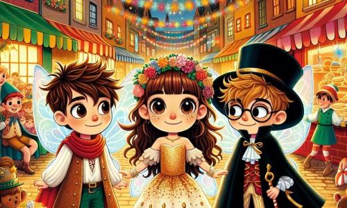 Dans un village coloré, trois enfants se tiennent au centre de la scène. Léa, douze ans, porte un costume de fée avec des ailes scintillantes et une couronne de fleurs. À sa droite, Tom, blond et déguisé en pirate, tient une épée en plastique. À gauche, Sam, en magicien avec une cape noire et une baguette magique, porte des lunettes rondes. Le décor est une rue animée de Montflor, avec des guirlandes et des lanternes, des stands de crêpes et des enfants riant. En arrière-plan, un vieux bâtiment en bois présente des costumes flamboyants. La scène capture le moment où les enfants découvrent les coulisses du carnaval, entourés de décorations festives, prêts pour la grande parade.