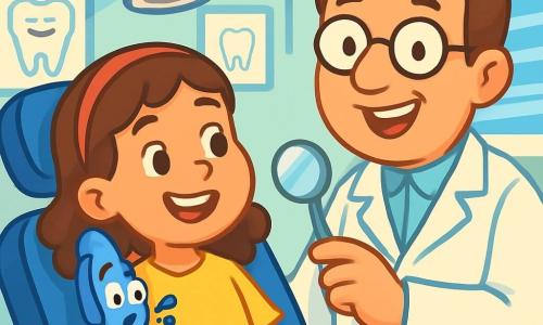 Petit Plume, un stylo bleu aux traits arrondis et à la capuchon souriant, est dans la poche de Léa, une petite fille aux cheveux bruns et bouclés, qui porte un t-shirt jaune. Elle est assise sur une chaise de dentiste, entourée d'instruments brillants. Le dentiste, jovial avec une blouse blanche et des lunettes rondes, se tient à côté d'elle, prêt à expliquer la visite. La salle est lumineuse, avec des murs bleu pastel et des affiches de dents souriantes. Petit Plume observe la situation avec curiosité et appréhension, tandis que Léa, détendue, se prépare à découvrir que cette expérience n'est pas si effrayante.