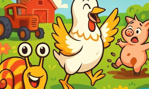 Un escargot nommé Turbo, avec une carapace rayée rouge et jaune, se tient au centre de l'image, souriant malicieusement. À côté de lui, Ginette la poule, avec ses plumes blanches et dorées, rit sur une patte, ses ailes écartées. Un peu plus loin, Gustave le cochon, avec son ventre rond et rose, se relève après avoir glissé dans une flaque de boue, l'air comique. Le décor est une ferme ensoleillée avec un vieux tracteur rouillé, des champs de fleurs colorées et une mare scintillante. La scène est joyeuse et ludique, avec les animaux s'amusant ensemble dans l'herbe verte.