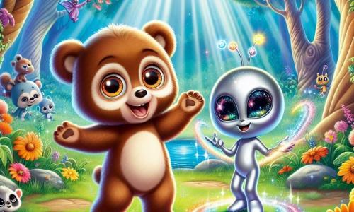 Dans une forêt enchantée, un jeune ours brun nommé Bréno danse joyeusement dans une clairière entourée de fleurs colorées et de rayons de soleil. À ses côtés, Zylor, un extraterrestre petit et élancé à la peau argentée, joue de son instrument lumineux, créant des notes colorées. La clairière est luxuriante, avec des arbres tordus et un lac scintillant en arrière-plan. La scène montre Bréno et Zylor célébrant leur amitié, dansant et jouant ensemble, entourés d'animaux de la forêt dans une ambiance festive.
