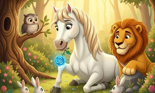 Flocon, grand cheval blanc au pelage lustré et crinière crème, pose délicatement une rose bleue brillante entre ses dents au centre d'une clairière; une vieille chouette grise aux yeux jaunes veille sur une branche à gauche, Léo le lion majestueux est assis à droite, quelques lapins blancs et oiseaux colorés forment un demi-cercle devant, l'herbe courte et des fleurs pastel entourent un vieux chêne et des buissons, des rayons dorés percent le feuillage, et au moment magique où la rose émet une douce lueur faisant s'ouvrir les fleurs tandis que des particules lumineuses flottent, l'ambiance chaleureuse est en style 3D cartoon cel-shading aux couleurs vives, contours nets et textures lisses.