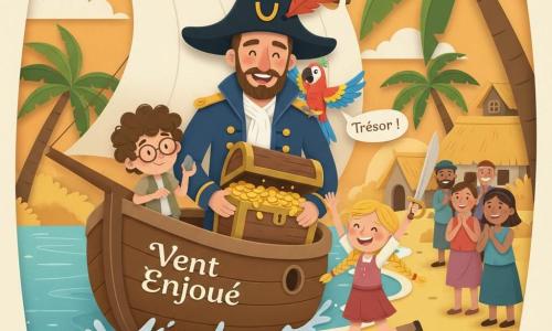 Le capitaine Lucien, souriant et victorieux, porte un grand feutre noir à plume rouge, une barbe soignée et une veste marine à boutons dorés; il tient un coffre ouvert rempli de pièces d’or scintillantes, debout au bord du bateau amarré sur le sable; à la proue, Timoteo (≈9 ans), timide mais fier, aux cheveux bouclés et lunettes rondes, tient une petite pierre et regarde le coffre; devant le bateau, Léa (≈11 ans), intrépide, avec des tresses et une épée en bois, saute joyeusement les bras levés; Pépito, perroquet rouge, bleu et vert, est perché sur l’épaule du capitaine en criant « Trésor ! »; en arrière-plan, une plage dorée bordée de palmiers et de maisons de pêcheurs aux toits de chaume, des villageois en silhouettes applaudissent; le bateau « Vent Enjoué », en bois peint aux voiles blanches, est posé à mi-marée avec reflets argentés sur l’eau calme; scène lumineuse de fin d’après-midi aux couleurs chaudes orange et bleu, centrée sur le coffre ouvert et les visages joyeux.