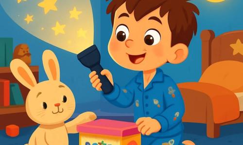 Léo, un garçon de 6 ans aux cheveux bruns en bataille et aux yeux curieux, porte un pyjama bleu avec des fusées. Il sourit en tenant une lampe de poche qui projette des étoiles sur les murs de sa chambre. À ses côtés, son doudou Lapinou, un lapin en peluche, l'encourage. La chambre est chaleureuse avec des murs bleu clair, un tapis moelleux et des jouets au sol. Une veilleuse en forme de lune crée une ambiance magique. Léo prépare sa Boîte à rires, une boîte à biscuits décorée, prête à accueillir les mini-cauchemars qu'il va chasser, concentré et déterminé à vivre une aventure pleine de rires.