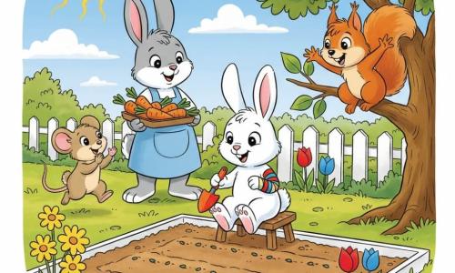 Petit lapin blanc Léo, joyeux, patte bandée, assis sur un tabouret en bois, plante une rangée de carottes avec une petite truelle orange; Maman Lapin, grise et souriante, tient un plateau de carottes derrière lui; Sophie la souris beige applaudit à gauche près de fleurs jaunes; Max l'écureuil roux, accroché à une branche du chêne à droite, agite la queue en souriant; jardin lumineux avec parcelle rectangulaire de terre travaillée et lignes de graines, clôture blanche, quelques tulipes rouges et bleues, ciel bleu et soleil souriant; scène chaleureuse aux couleurs vives, traits doux et style clair pour les tout-petits.