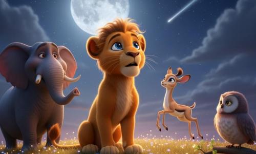 Un jeune lion doux et curieux aux yeux bleu étoilé, assis sur une colline de petites fleurs luminescentes, crinière légèrement ébouriffée et pelage doré baigné de clair de lune; à sa droite, Zina la gazelle vive sourit en le regardant; à sa gauche, en arrière-plan, Rafiki l'éléphant sage, trompe levée, apparaît calme et bienveillant; au premier plan à droite, Luna la chouette ronde observe depuis une branche basse; la colline aux herbes dorées sous une pleine lune argentée et un ciel étoilé avec quelques étoiles filantes, ambiance magique aux couleurs chaudes, contrastes doux et éclairage créant des ombres délicates façon film d'animation 3D.