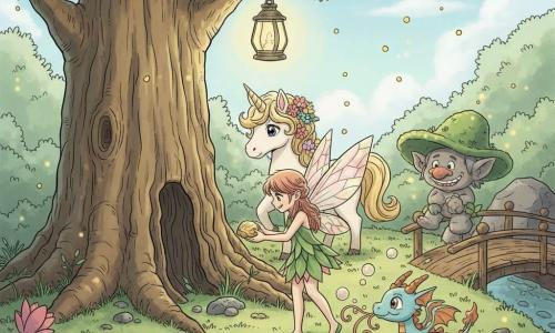 La petite fée Lili, aux ailes translucides roses et dorées et robe courte en pétales verts, tient un coquillage doré qu'elle dépose au pied du grand Chêne-Sage tandis que ses amis l'observent avec tendresse : le dragonnet bleu ciel et orange Flamme-Miette souffle de petites bulles tièdes à sa droite, la licorne blanche Nuage-Doux à la crinière vanille et fleurs trotte doucement derrière, et un petit troll de pierre gris au chapeau de mousse vert sourit depuis un caillou près d'un pont en bois; la scène se passe dans une clairière ronde au tapis de mousse verte et fleurs colorées, éclairée par des lucioles et une lanterne, ambiance chaleureuse aux couleurs pastel et traits bienveillants.