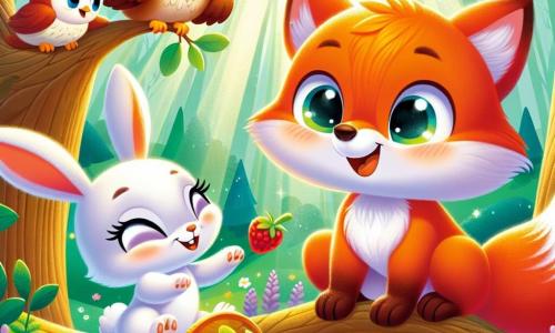 Un petit renard orange vif, Rufus, avec des yeux pétillants et un sourire, est assis sur une branche d'arbre, émerveillé par la forêt. À côté de lui, une lapine blanche, Lila, aux grandes oreilles et au pelage soyeux, saute de joie, ses yeux brillants de bonheur. Un hibou sage, Boris, avec des plumes marron, est perché sur une autre branche, observant ses amis avec bienveillance. La scène se déroule dans une forêt enchantée, remplie d'arbres majestueux, de fleurs colorées et de rayons de soleil. Rufus, Lila et Boris partagent un pique-nique joyeux, entourés de baies et de graines, riant ensemble et savourant l'instant, illustrant la magie de l'amitié.