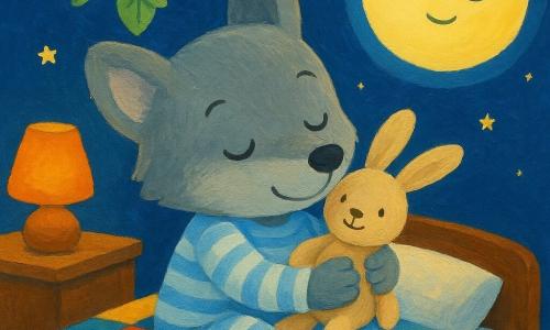 Un petit loup enfantin au pelage gris, oreilles arrondies et visage serein serre contre sa joue un doudou lapin beige souriant ; vêtu d’un pyjama rayé bleu clair et blanc, il est assis sur un lit bas à couverture en patchwork, une jambe repliée, la couverture remontée jusqu’au menton, prêt à s’endormir dans une chambre nocturne aux murs bleu nuit étoilés, sol en bois chaud, veilleuse orange diffuse sur la table de nuit ; par la fenêtre ronde la lune jaune pâle sourit et projette des rayons doux, et un petit mobile en bois avec une feuille verte tourne lentement près de sa tête.