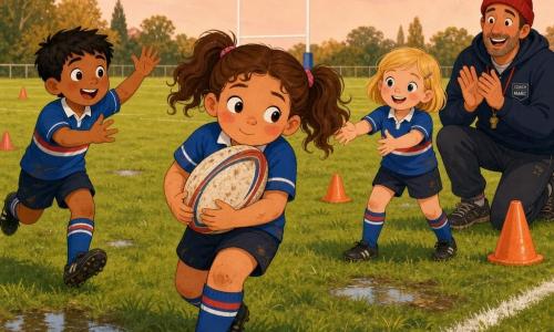 Lina, 6 ans, visage rond, couettes brunes et joues rosies, émue et fière, serre contre elle un ballon ovale rugueux après une passe difficile, posture légèrement penchée, regard concentré et sourire timide; Salomé, 6 ans, cheveux blonds courts, souriante, se tient à quelques pas à droite, bras tendus pour soutenir; Yassine, 7 ans, peau hâlée et cheveux noirs courts, à gauche, bras levés en attente de la passe, prêt à partir; Coach Marc, quadragénaire au bonnet rouge, accroupi au bord du terrain près d’un cône, applaudit et encourage; terrain de rugby enherbé avec flaques légères, cônes orange, poteaux blancs et ligne de touche sous un ciel rose pâle de fin d’après-midi; ambiance de jeu collectif et d’entraide; style illustration vectorielle plate, couleurs vives et contrastées, contours nets, formes simples et textures légères, composition centrée sur Lina.