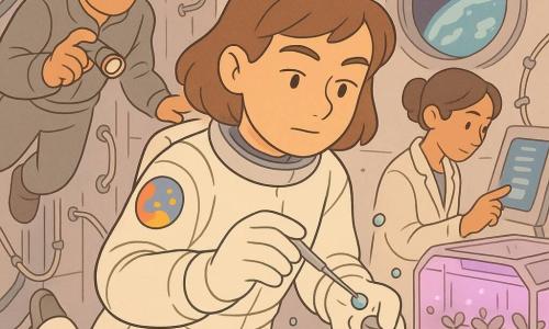 Lina Morel, jeune astronaute au visage déterminé et serein, cheveux bruns courts, combinaison spatiale blanche à écusson coloré, fixe une petite bulle d'eau collée à un raccord et manipule une pince fine avec précision ; Malik, homme d'une trentaine d'années au teint hâlé et sourire en coin, en tenue de travail grise, tient une lampe torche LED et flotte juste derrière pour aider ; Yumi, femme d'une trentaine d'années aux cheveux attachés et au regard concentré, en blouse légère, consulte un écran tactile près d'une mini-serre en plastique transparent. Lieu : laboratoire compact de station spatiale aux parois métalliques lisses, câbles rangés, poignées, petite serre avec lampes LED violettes et pots de terre, hublot rond montrant la Terre bleue. Situation : réparation d'une fuite d'eau minuscule en apesanteur avec gouttes sphériques flottantes, lingettes absorbantes et outils attachés par cordons, ambiance calme et collaborative, lumière douce et couleurs pastel. Style : traits ronds, couleurs chaudes et contrastes doux, expressions claires, gestes lisibles et détails techniques simplifiés pour un rendu enfantin.