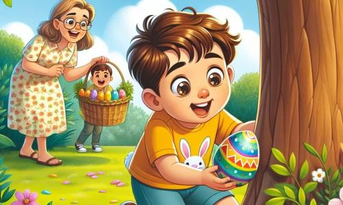 Lucas, un petit garçon de 4 ans aux cheveux bruns en désordre et aux yeux curieux, est accroupi sous un grand arbre. Il porte un t-shirt jaune avec des lapins et un short bleu, exprimant joie et excitation en découvrant un œuf en chocolat caché sous les feuilles. Sa maman, une femme d'environ 30 ans avec de longs cheveux châtains, l'encourage en se penchant en avant, tandis que son papa, un homme d'environ 35 ans avec une barbe légère et des lunettes, tient un panier d'œufs colorés, observant son fils avec fierté. Le jardin est lumineux, rempli de fleurs éclatantes et d'herbe verte, sous un ciel bleu parsemé de nuages blancs. Lucas soulève des feuilles avec enthousiasme, découvrant un œuf doré, tandis que ses parents partagent sa joie.