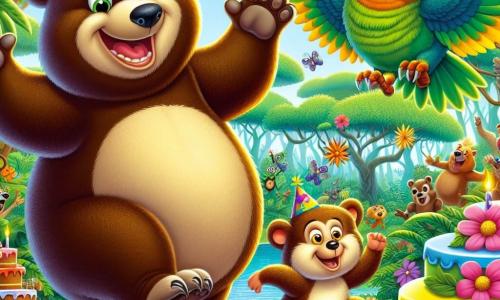 Un ours nommé Boule, avec une fourrure brillante et un ventre rond, danse joyeusement dans une jungle colorée, son visage rayonnant de bonheur. À ses côtés, Sauterelle, un singe espiègle, saute de joie, tandis que Pipo, un perroquet aux plumes éclatantes, s'envole en chantant. La jungle est luxuriante avec de grands arbres et des fleurs éclatantes, sous un soleil doré. La scène montre Boule et ses amis préparant une fête, entourés de gâteaux et de décorations, avec des animaux dansant autour d'eux.