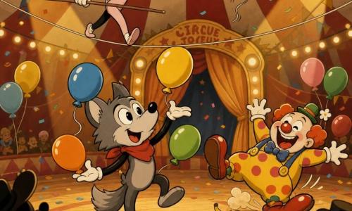 Petit Loup, jeune loup anthropomorphe au pelage gris, foulard rouge et sourire joyeux, jongle maladroitement sur scène avec des ballons dont un s'envole ; au-dessus, Lili, funambule élancée en justaucorps rose, le regarde en l'encourageant, tandis que Zizi, clown rond en costume à pois et nez rouge, trébuche comiquement derrière lui ; le chapiteau rayé rouge et blanc, rideaux dorés, scène en bois et projecteurs chaleureux laissent place à une ambiance festive avec confettis, ballons et silhouettes applaudissant.