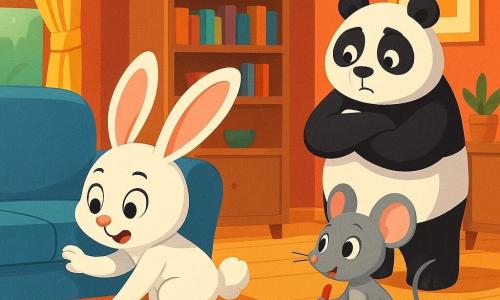 Léo le lapin, avec ses grandes oreilles et son pelage blanc, fouille derrière un canapé bleu, curieux et déterminé. À ses côtés, Adèle la souris, agile et avec un pelage gris, observe avec un feutre rouge à la patte. Pablo le panda, grand et rond, reste en retrait, les bras croisés, l'air pensif. Ils se trouvent dans un coworking chaleureux, avec des murs colorés et des étagères de livres. La lumière du soleil éclaire la scène. Léo et ses amis enquêtent pour retrouver des objets disparus, avec des traces de petites pattes et un coussin renversé, créant une ambiance de mystère et d'aventure.