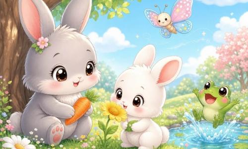 Petit lapin blanc chibi, fourrure duveteuse, grandes oreilles roses, yeux ronds brillants et sourire curieux, renifle une grande fleur jaune en tenant une petite feuille ; sa maman lapine chibi plus grande au pelage gris clair, regard tendre, est assise sous un arbre à gauche et lui tend une carotte orange brillante ; à droite, une grenouille verte chibi, surprise et gaie, saute au bord d’une petite mare scintillante en éclaboussant l’eau, tandis qu’un papillon multicolore chibi aux ailes translucides roses et bleues vole juste au‑dessus ; le tout dans une prairie printanière lumineuse à herbe verte perlée de rosée, petites marguerites, grand arbre aux feuilles vert clair et ciel bleu pâle avec quelques nuages, pour une scène douce et paisible.