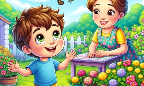 Un garçon de 8 ans, Tom, aux cheveux bruns en bataille et aux yeux curieux, se tient dans un jardin coloré. Il porte un t-shirt bleu et un short jaune, visiblement excité par un papillon multicolore qui vole autour de lui. Sa maman, une femme d'une trentaine d'années avec des cheveux châtains en chignon, sourit près d'une table de jardin en préparant des pots de fleurs. Le jardin est vibrant, avec de l'herbe verte et des fleurs roses, jaunes et violettes, ainsi que des arbres en fleurs. Tom, émerveillé, tend la main vers le papillon, prêt pour une nouvelle aventure printanière.