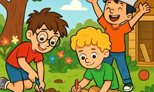 Trois garçons de 10 ans sont dans un jardin ensoleillé. Max, avec des cheveux bruns en bataille et des lunettes rondes, creuse avec une pelle, souriant. Théo, aux cheveux blonds et bouclés, est assis sur une planche, dessinant une carte au trésor. Léo, avec des cheveux noirs et un chapeau de pirate en papier, rit aux éclats à côté de Max. Le jardin est rempli de fleurs colorées, d'un grand chêne, d'outils de jardinage éparpillés et d'une cabane en bois inachevée. Les trois amis s'amusent en chassant le trésor, créant une ambiance joyeuse.