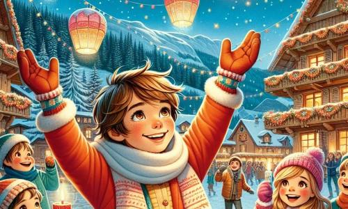 Un garçon de 12 ans, Lucas, avec des cheveux châtains en bataille et un grand sourire, se tient au centre de l’image, les bras levés vers le ciel, émerveillé par les lanternes colorées qui s’envolent dans la nuit étoilée. Il porte un manteau rouge vif et un bonnet en laine. À sa droite, Pierre, un autre garçon de 12 ans, aux cheveux blonds, l’encourage en levant sa lanterne. À gauche, Chloé, la petite sœur de Lucas, âgée de 8 ans, danse joyeusement avec une boule de neige. Le décor est une charmante place de village alpin, entourée de chalets décorés et de sapins enneigés, avec des lanternes flottantes et un feu d’artifice en arrière-plan. Lucas et ses amis célèbrent le Nouvel An en lâchant leurs lanternes pour faire des vœux, créant une atmosphère joyeuse et festive.