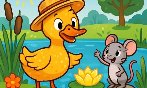 Un canard nommé Philibert, aux plumes dorées, se tient au bord d'un étang scintillant, son regard pétillant d'excitation. Il porte un petit chapeau de paille et ses ailes sont légèrement écartées. À ses côtés, Lila la souris, petite et grise, l'encourage avec un sourire rayonnant. L'étang est entouré de roseaux et de fleurs colorées, sous un ciel bleu azur. Philibert et Lila contemplent le Nénuphar d'Or, une fleur éclatante à la surface de l'eau, symbole de l'aventure qui les attend.