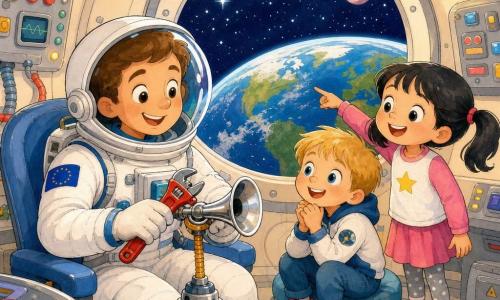 Un astronaute souriant répare un petit klaxon brillant avec une clé à molette rouge à l'intérieur d'un vaisseau aux parois crème et formes arrondies, un garçon d'environ 6 ans aux cheveux blonds en carré, assis près d'une fenêtre, regarde émerveillé les mains jointes, une fille d'environ 5 ans aux couettes noires se tient debout et pointe la Terre visible par la fenêtre, le ciel étoilé et une planète rose pâle en arrière-plan, ambiance chaleureuse, couleurs vives, traits encre épais, style simple et rassurant pour tout-petits.