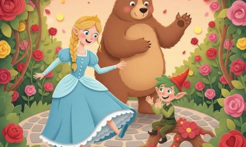 Pétaline, princesse souriante et un peu surprise en robe bleue à volants et cheveux blonds tressés, fait un pas de danse maladroit en levant un pied, entourée de Pétibou, petit lutin de 8 ans aux cheveux verts et chapeau rouge qui applaudit depuis une racine fleurie, et de Bougrin, grand ours brun doux qui, posé au sol derrière elle, l’encourage en levant une patte ; la scène se déroule dans une roseraie enchantée aux allées pavées rondes, buissons de roses roses, rouges et dorées, lucioles jaunes et pétales en papier découpé, lumière douce de fin d’après-midi, expressions joyeuses et couleurs vives avec textures en papier déchiré visibles.
