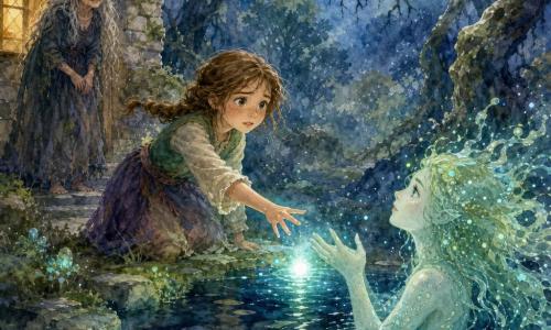 Léa, 10 ans, visage rond et taches de rousseur, yeux grands et brillants, inquiète mais déterminée, tend la main vers une lueur sur le lac; Morgane, vers 70 ans, peau ridée et longs cheveux blancs emmêlés, en robe sombre tachée, se tient au seuil d'une petite maison de pierre à gauche, souriant calmement. Une nymphe de la forêt, élancée, cheveux d'algues lumineuses et peau nacrée, sort à moitié de l'eau en émettant une douce lueur bleu-vert, mains levées vers Léa; la clairière, éclairée par une pleine lune, est entourée d'arbres aux troncs tordus et branches griffues projetant des ombres dentelées; un petit lac noir et vitrifié reflète la lueur magique, des brumes basses serpentent entre des pierres couvertes de mousse phosphorescente. Moment de rencontre tendu et mystérieux: Léa répond à l'appel de la nymphe dans une atmosphère à la fois belle et inquiétante, ponctuée d'éclaboussures évoquant des étincelles magiques et des ombres mouvantes.