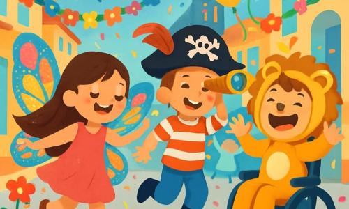Trois personnages se trouvent dans une rue animée du carnaval : Léa, une fille de 8 ans avec de longs cheveux bruns et des ailes de papillon multicolores, danse joyeusement entourée de fleurs ; Tom, un garçon de 7 ans avec un chapeau de pirate noir, fait semblant de tenir une longue vue ; et Niko, un garçon de 9 ans en costume de lion doré, rugit joyeusement depuis son fauteuil magique. L'ambiance est festive, avec des couleurs vives, des ballons et de la musique. Ils dansent ensemble, entourés de rires et d'animaux costumés.