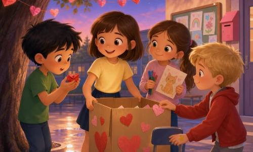 Quatre enfants d’environ 8 ans : Mina, fille aux cheveux bruns en coupe bob, chemise jaune clair et jupe bleu marine, tient au centre une grande boîte en carton décorée de cœurs et sourit ; Sami, garçon aux cheveux noirs en bataille et t-shirt vert, à gauche sur la pointe des pieds, tient un petit cœur en papier rouge froissé et le regarde avec étonnement ; Léo, garçon aux cheveux blonds courts, veste rouge et pantalon gris, avec un autocollant étoile sur la main, roule doucement sur une petite chaise à roulettes vers la boîte ; Jade, fille aux cheveux châtain long en queue, pull rose pâle, tient des feutres et un dessin de chat, se tient légèrement derrière Mina à droite en souriant timidement à Sami. Dans une cour d’école au crépuscule, sol en béton clair avec quelques flaques réfléchissantes, un grand arbre à l’écorce rugueuse aux branches basses est décoré de guirlandes de cœurs en papier rouges et roses ; en arrière-plan un panneau d’affichage avec des dessins d’enfants et une boîte aux lettres rose près d’une porte. Les enfants déposent des petits billets dans la « BOÎTE DE PAIX » — la boîte en carton décorée de cœurs et d’un grand texte manuscrit — tandis que des cœurs en papier apparaissent magiquement sur une branche au-dessus d’eux, brillants et légèrement froissés ; ambiance douce, chaleureuse et légèrement magique, couleurs pastel saturées et éclairage doux du soir, expressions d’étonnement et de complicité.