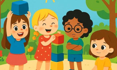 Il y a 4 enfants : Mia, 6 ans, cheveux bruns, t-shirt bleu et jupe rose, debout à gauche avec un cube bleu ; Lila, 5 ans, cheveux blonds en tresses, robe rouge à pois blancs, à droite de Mia ajoutant un cube rouge ; Zoé, 6 ans, cheveux noirs bouclés, lunettes rondes, t-shirt vert et short en jean, à côté de Lila, les bras croisés, regardant sa tour tombée ; Emma, 5 ans, cheveux châtains, petite barrette fleurie, robe jaune, assise par terre à côté de Zoé, prête à l'aider. L'action se déroule dans un jardin d'enfants ensoleillé avec des fleurs colorées et des jouets éparpillés. Les enfants construisent une tour de cubes colorés, Mia et Lila rient en ajoutant des cubes, tandis que Zoé est triste de voir sa tour tomber. Emma, souriante, est prête à l'aider. L'atmosphère est amicale et joyeuse.