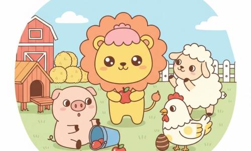 Léo, lion jaune au visage doux et crinière ronde orange, souriant et malicieux avec une petite perruque rose, tient une pomme en plastique rouge ; Gaston le cochon rose pastel, au groin rond et yeux surpris, est assis près d’un seau bleu renversé d’où roulent des pommes en plastique ; Margot la poule blanche tachée de jaune picore un œuf en chocolat à côté du poulailler en bois ; Bernard le mouton à la laine duveteuse applaudit derrière Léo ; la ferme colorée (ciel bleu clair, herbe verte, grange rouge, bottes de foin jaunes, clôture blanche) présente une scène joyeuse et chaleureuse de farce avec pommes éparpillées, animaux riant et couleurs pastel.