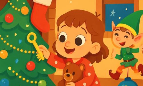 Une petite fille de 4 ans, Lila, avec de grands yeux ronds, porte un pyjama rouge à pois blancs et tient son doudou, un ours brun. Elle est accroupie devant un sapin de Noël décoré de guirlandes dorées et de boules colorées. À côté d'elle, un lutin farceur en bonnet vert et bottes rouges saute sur une boule de Noël, tenant une plume. La pièce est chaleureuse, avec une cheminée en briques et des chaussettes de Noël accrochées, tandis que des flocons de neige tombent à l'extérieur. Lila découvre une clé dorée sous la chaussette de Noël, encouragée par le rire du lutin. La magie de Noël emplit l'air de couleurs vives et de lumières scintillantes.