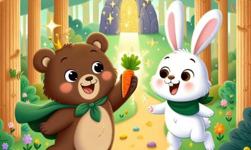 Oscar, un petit ours brun aux yeux pétillants, est debout sur ses pattes arrière, souriant avec enthousiasme, tenant une carotte magique scintillante. À côté de lui, Léo, un lapin blanc aux grandes oreilles, saute de joie, ses yeux brillants de bonheur. La scène se déroule dans une forêt enchantée, entourée de grands arbres et d'un chemin parsemé de fleurs dorées et de cailloux colorés. En arrière-plan, une grotte mystérieuse aux parois scintillantes ajoute une touche de magie. Oscar et Léo célèbrent leur aventure après avoir retrouvé la carotte magique, illustrant l'amitié et l'esprit d'aventure.