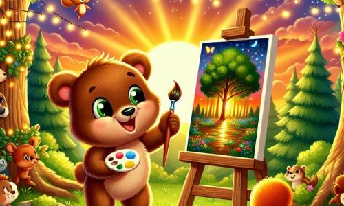Illustration d'un ours au pelage brun et doux, aux yeux brillants d'excitation et au large sourire, debout devant un chevalet avec un pinceau, peignant un coucher de soleil aux couleurs vives. À côté, un écureuil roux, plein de vie, saute de joie en applaudissant son ami. La scène se déroule dans une clairière enchantée, baignée de lumière dorée, entourée d'arbres majestueux et de fleurs colorées. L'ours, fier et heureux, présente ses peintures à un groupe d'animaux admiratifs, célébrant la diversité des talents. Des lucioles scintillent dans les arbres, créant une atmosphère joyeuse et accueillante, remplie de couleurs vives et de sourires.