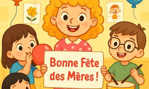 Quatre enfants célèbrent la fête des mères dans une salle de classe décorée. Lili, 8 ans, souriante au centre avec un panneau 