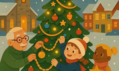 Place enneigée devant une vieille église, un grand sapin de Noël décoré par une fillette de 6 ans aux nattes châtain clair (manteau bleu marine, bottes rouges, bonnet blanc) tendant une guirlande dorée, sa sœur Lucie, 5 ans, blonde en couette et écharpe rose, prête à poser une étoile en carton à sa droite, et Papy Marcel, ~70 ans, moustache blanche et pull vert, accrochantd'une pomme dorée à gauche ; ambiance chaleureuse et coopérative, lumières chaudes, guirlandes scintillantes, palette rouge-or-vert, style papier découpé aux bords nets sur fond hivernal.