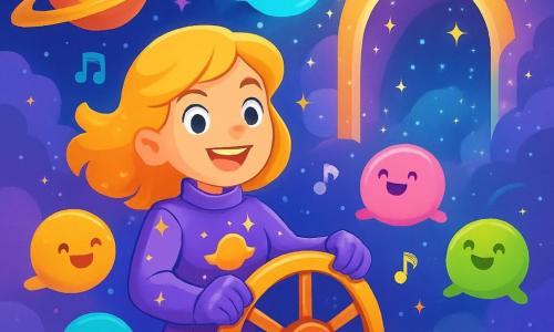 Lila, une jeune femme aux cheveux dorés, se tient fièrement à la barre du Vaisseau Étoile, avec des yeux brillants d'excitation et un sourire éclatant. Elle porte une combinaison spatiale ornée d'étoiles. À ses côtés, un groupe de Lumis, de petites créatures lumineuses, virevolte joyeusement, chantant en chœur. Le décor est un monde enchanteur avec des planètes flottantes et un ciel violet et bleu parsemé de poussière étoilée. Lila et les Lumis découvrent un portail scintillant au milieu de la nébuleuse, prêts à l'explorer ensemble, dans une atmosphère d'aventure et de magie.
