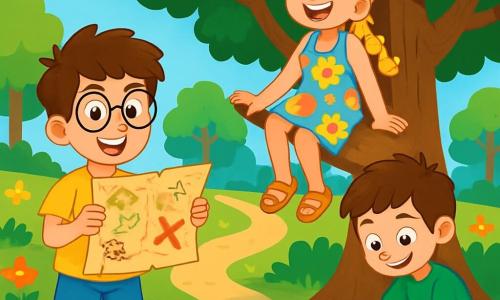Il y a trois personnages : Léo, un garçon de 8 ans avec des cheveux bruns en bataille et des lunettes rondes, portant un t-shirt jaune avec un dinosaure et un short bleu, debout avec une carte au trésor ; Zoé, une fille de 8 ans avec des cheveux blonds tressés et des lunettes de soleil, en robe à fleurs colorées, assise sur une branche d'arbre en riant ; et Max, un garçon de 8 ans avec des cheveux châtains courts et un sourire malicieux, en t-shirt vert et pantalon cargo, accroupi en train de bricoler des indices. L'action se déroule dans un parc ensoleillé avec de grands arbres, des fleurs colorées et un ciel bleu. Les trois amis préparent leur chasse au trésor, entourés de rires et d'excitation.