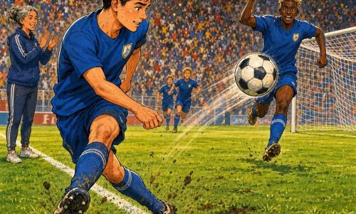 Tom, 19 ans, cheveux bruns courts, front perlé de sueur, visage souriant et concentré, en maillot bleu avec écusson au-dessus du cœur, pousse le ballon du pied droit en passe précise, posture penchée, crampons dans l'herbe; un coéquipier d'environ 20 ans, ailier aux cheveux blonds en bataille, file sur la droite, bras levés, reçoit la passe en pleine course et tire vers le but, expression d'effort et d'espoir; la coach Marta, ~40 ans, cheveux gris attachés en veste d'entraînement, applaudit sur la ligne de touche; le stade est un grand terrain vert marqué de traces de crampons et de boue, lignes blanches nettes, filets qui tremblent, gradins flous de silhouettes colorées et projecteurs chauds; instant de jeu où Tom choisit la passe collective plutôt que le tir individuel, ballon en mouvement, gestes d'équipe, atmosphère de solidarité et d'effort partagé.