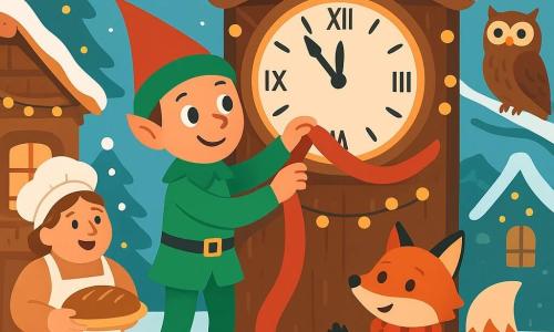 Le Lutin Farceur, petit être en costume vert et chapeau rouge, ajuste un long ruban rouge sur le toit de la grande horloge au centre de la place enneigée de Flocon‑Bois; Pompon, le renard roux à l’écharpe rayée, applaudit joyeusement, Madame Loutre la boulangère, ronde et farineuse, tient du pain près de sa porte, et Nomade la chouette, perchée sur un saule, observe d’un air sage; maisons en bois décorées, sapins givrés et lumières chaudes créent une ambiance de Noël tendre et festive.