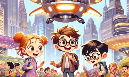 Dans un grand parc central de Luminopolis, trois enfants se préparent à tester un véhicule volant. Milo, 10 ans, avec des lunettes rondes et des cheveux châtains en bataille, sourit d'excitation. À sa droite, Zoé, 9 ans, aux cheveux bouclés et blonds, saute d'impatience dans une combinaison colorée. À gauche, Sam, 11 ans, avec des cheveux noirs et des lunettes carrées, consulte un manuel, concentré sur le Hover-Glide brillant. Le parc est décoré de jardins suspendus et de bâtiments futuristes scintillants. Les enfants sont entourés de curieux admirant l'engin. Ils sont prêts à décoller dans le Hover-Glide, entourés d'une atmosphère d'excitation et d'aventure.