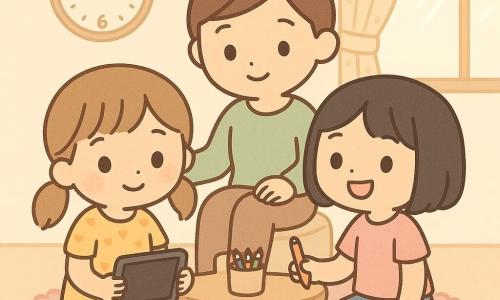Trois personnages : Lou, 7 ans, cheveux châtain clair en deux couettes, robe jaune à petits cœurs, assise à gauche sur un tapis rose, tenant une tablette éteinte; Jade, 7 ans, cheveux noirs en carré, t-shirt rose et short en jean, assise à droite, tient un crayon et sourit à Lou; Maman, ~35 ans, cheveux bruns en chignon, pull vert clair, assise derrière sur un pouf, main sur l’épaule de Lou. Lieu : salon clair et chaleureux avec tapis rose pelucheux, petite table en bois clair, boîte de crayons et fenêtre laissant entrer une lumière dorée. Situation : les filles ont posé la tablette et dessinent ensemble sur le tapis, atmosphère calme et rassurante, gestes d’entraide et proximité familiale, palette pastel, contours ronds et expressions douces style kawaii.