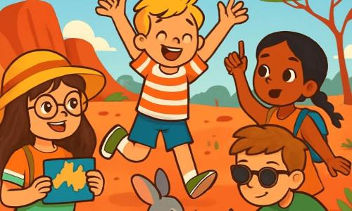 Quatre enfants explorent l'Outback australien. Émilie, 10 ans, avec de longs cheveux bruns et des lunettes rondes, porte un chapeau et un t-shirt coloré, tenant une carte de l’Australie. Tom, 10 ans, aux cheveux blonds en bataille et souriant, saute de joie en short et t-shirt rayé. Nour, 9 ans, avec des cheveux noirs tressés, pose une question en robe légère et petit sac à dos. Lucas, 10 ans, cheveux châtains, dessine un oiseau sur son carnet tout en portant un t-shirt vert et des lunettes de soleil. Le paysage est désertique, avec des rochers étranges et des fleurs colorées, sous un ciel bleu. Les enfants sont émerveillés par un bilby qui les guide, partageant rires et découvertes.