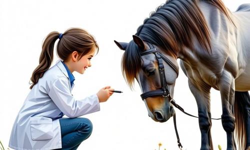 Une vétérinaire d'une trentaine d'années, avec de longs cheveux bruns en queue de cheval, porte une blouse blanche et sourit chaleureusement. Elle est accroupie près d'un vieux cheval gris nommé Héraklès, lui murmurant des mots apaisants tout en examinant son ventre. À côté, Tom, un garçon de dix ans aux cheveux châtains et aux yeux pétillants, observe avec curiosité, tenant un seau d'eau pour le cheval. La scène se déroule dans un enclos verdoyant de la ferme des trois Chênes, entouré de champs fleuris et d'arbres majestueux, sous un ciel bleu. La vétérinaire soigne Héraklès, qui semble triste, tandis que Tom apprend à prendre soin des animaux.