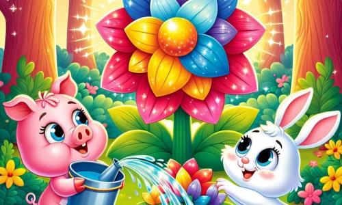 Coco, un petit cochon rose aux grands yeux et sourire joyeux, verse de l'eau d'un seau sur une grande fleur colorée aux pétales brillants. À ses côtés, Pipo, un lapin blanc aux grandes oreilles, saute de joie en admirant la fleur. Ils sont dans une forêt enchantée, entourés d'arbres aux feuilles scintillantes sous le soleil. Coco et Pipo aident la fleur magique à s'épanouir, remplis de bonheur et d'amitié.